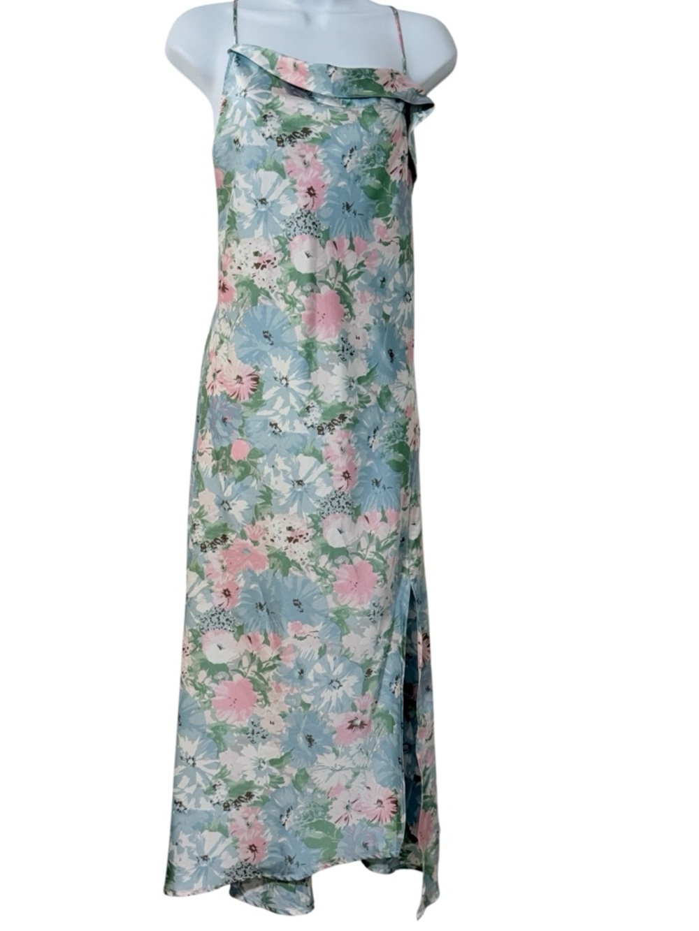 ASTR the Label Gaia Dress Pastel Floral Midi Slip Dress Cowl Neck High Slit